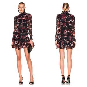 Nicholas French Floral Mini Dress Size 2 Silk Long Sleeve Ruffle Aline High Neck